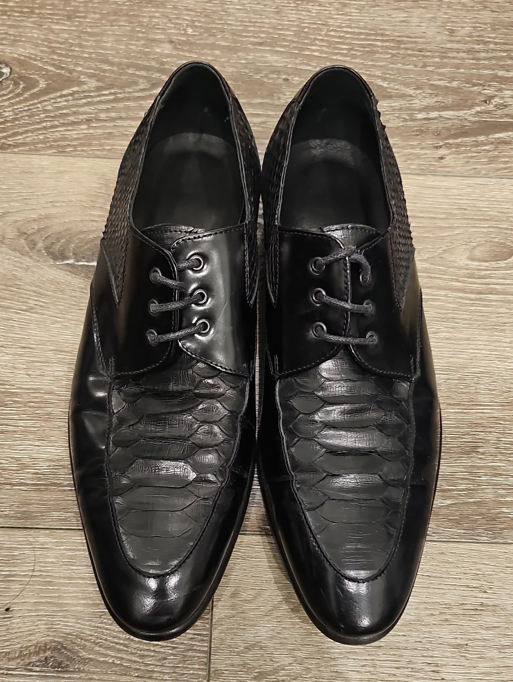 [New] Men's Black Leather Derby Lace Up Oxfords HANDMADE Croc & Snakeskin Sz 40